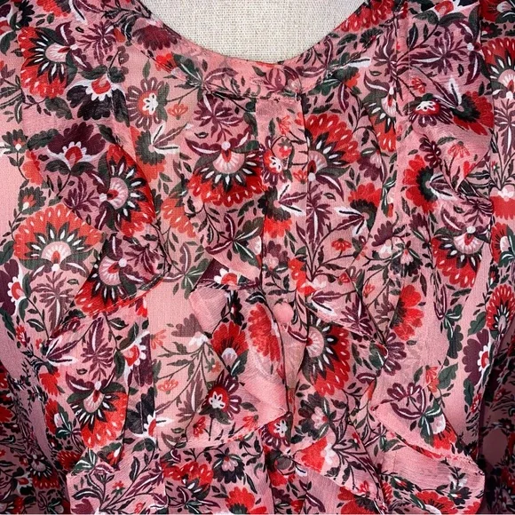 Boden pink & red paisley floral button front sheer ruffle front blouse size 8 - Picture 3 of 7